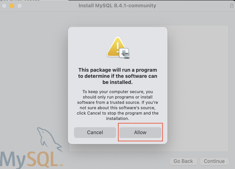 Click on allow for mysql package installation